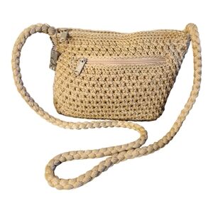 Lina Tan Crocheted Top Zipper Closure Purse